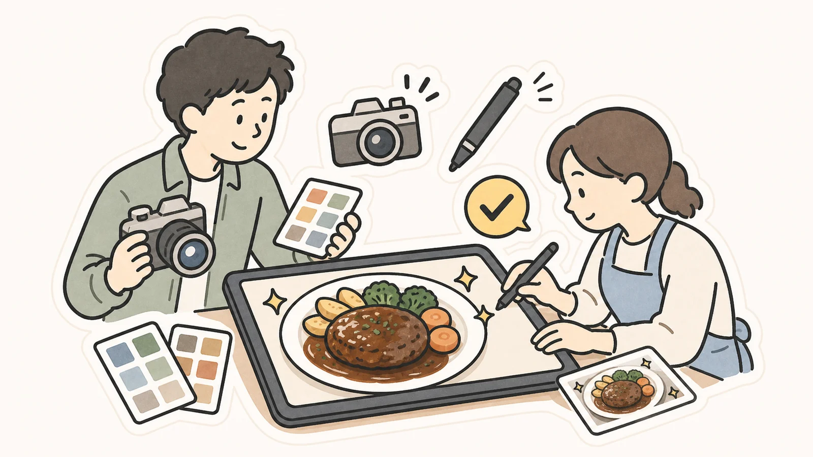 プロのカメラマンとレタッチャーが料理写真を監修している手書きイラスト